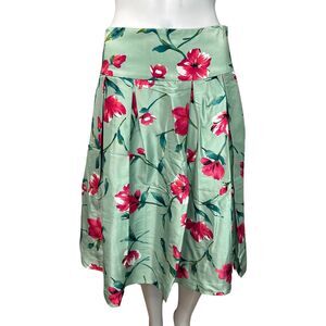 Express Skirt Women 6 Green Pink Floral Design Studio A-Line Skirt Silk Colorful